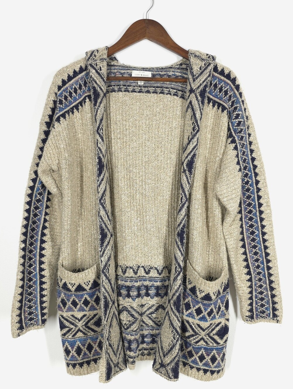 Lucky Brand Hooded Fair Isle Open-Front Cardigan - Beige & Navy